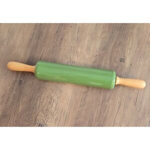 CounterArt Ceramic Rolling Pin Olive Green Glazed with Wood Handles 10" Barrel